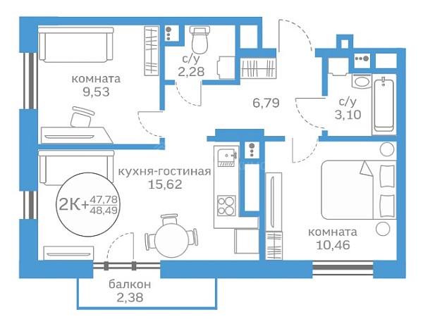 2-к квартира в новостройке, 47 кв.м., Краснооктябрьская улица, 16