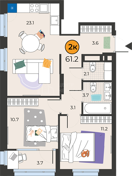 2-к квартира в новостройке, 61 кв.м., Тюмень