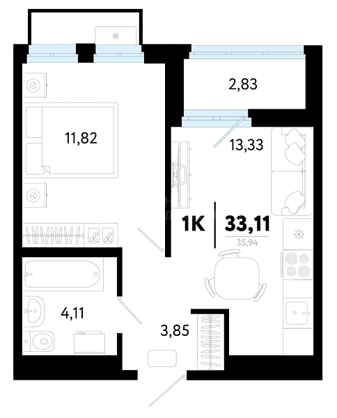 1-к квартира в новостройке, 33 кв.м., Калининский, ул Василия Малкова, 32