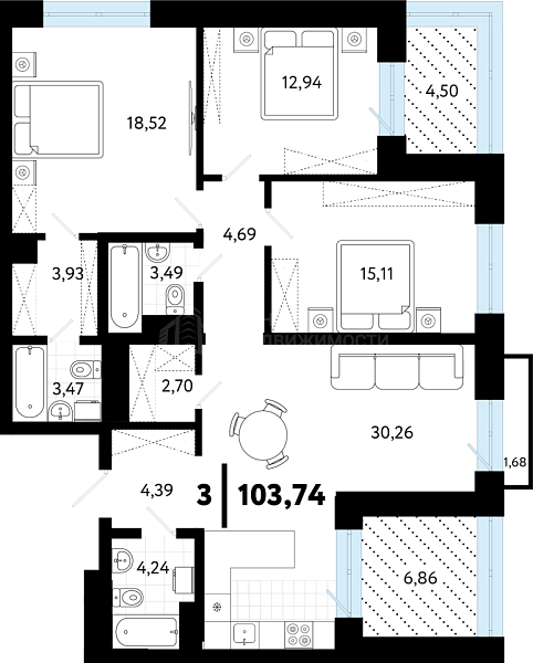 3-к квартира в новостройке, 103 кв.м., ул Малышева, 8