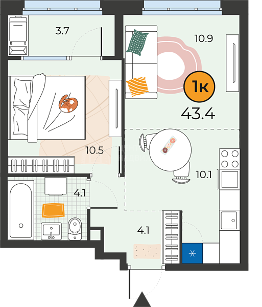 1-к квартира в новостройке, 43 кв.м., Тюмень