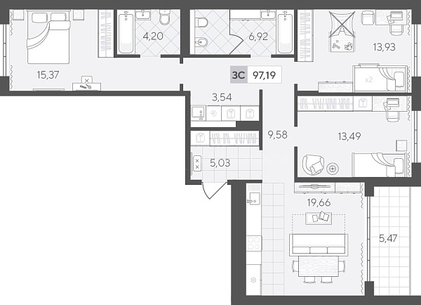 3-к квартира в новостройке, 97 кв.м., Сергея Свиридова, 11