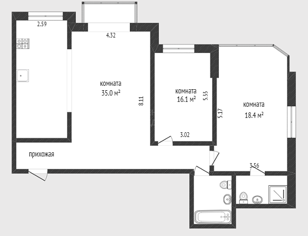 2-к квартира, 104 кв.м., улица Максима Горького, 68к1