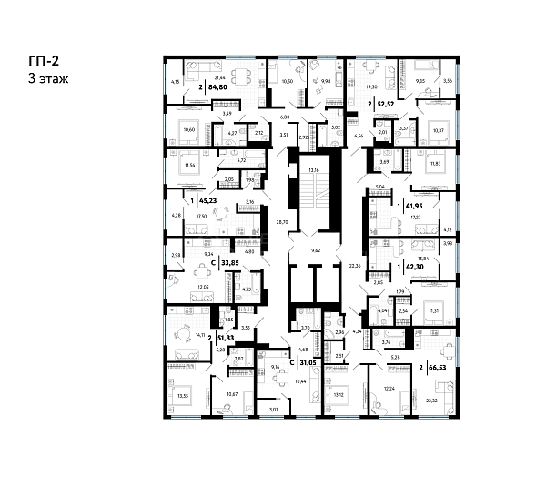 2-к квартира в новостройке, 53 кв.м.