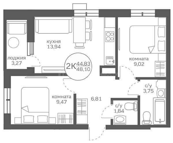 2-к квартира в новостройке, 44 кв.м., улица Петра Ершова, 10