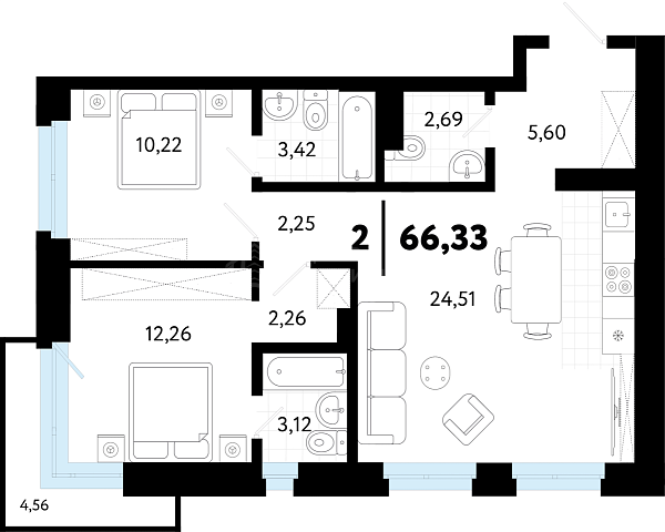 2-к квартира в новостройке, 66 кв.м., ул Бирюзова, 8