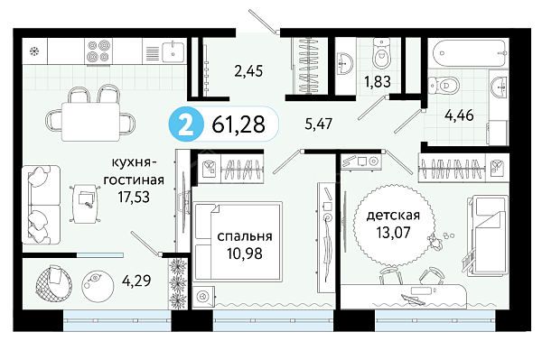 2-к квартира в новостройке, 61 кв.м., Калининский, ул С. Джанбровского, 21