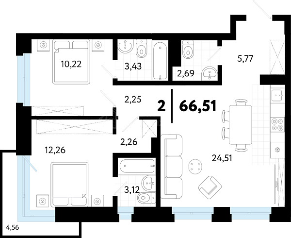 2-к квартира в новостройке, 66 кв.м., ул Бирюзова, 8