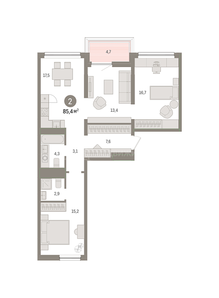 2-к квартира в новостройке, 85 кв.м., ул. Мысовская,  26, корпус 1