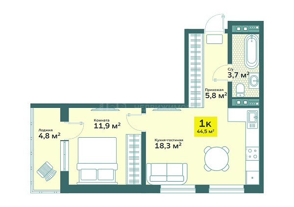 1-к квартира в новостройке, 44 кв.м., tyumen