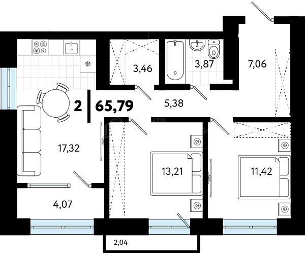 2-к квартира в новостройке, 65 кв.м., ул Бирюзова, 8