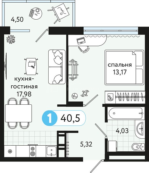 1-к квартира в новостройке, 40 кв.м., ул С. Джанбровского, 17
