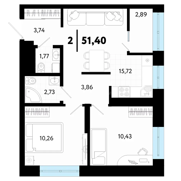 2-к квартира в новостройке, 51 кв.м., ул Малышева,  31, корпус 1