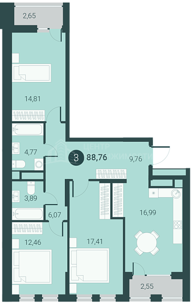 3-к квартира в новостройке, 91 кв.м., город Тюмень, Тюменская область