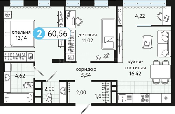 2-к квартира в новостройке, 60 кв.м., улица Сергея Джанбровского, 19