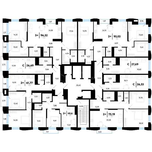 2-к квартира в новостройке, 61 кв.м.