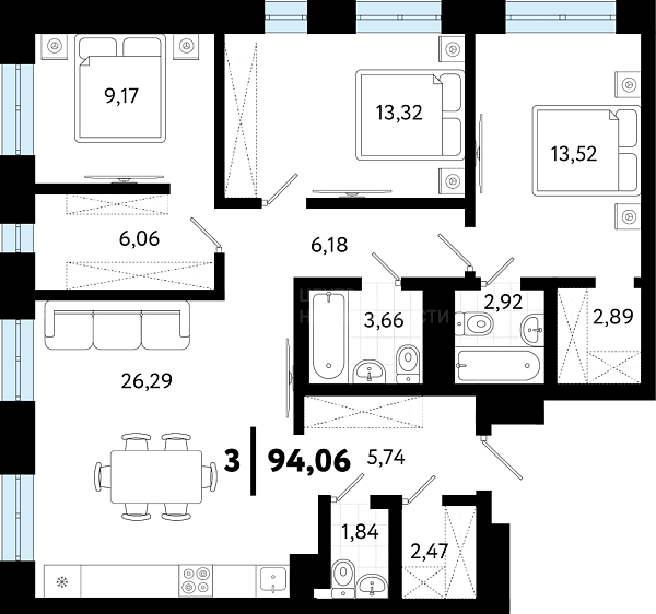 3-к квартира в новостройке, 94 кв.м., ул Бирюзова, 8