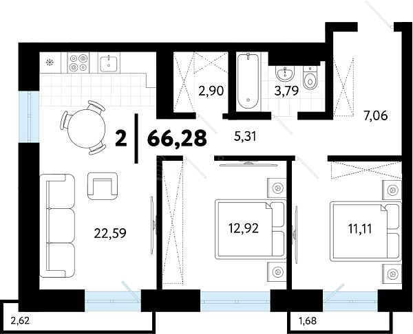 2-к квартира в новостройке, 66 кв.м., ул Бирюзова, 8