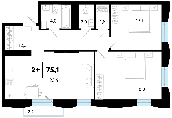 3-к квартира в новостройке, 75 кв.м.