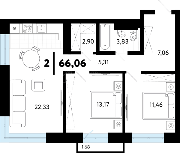 2-к квартира в новостройке, 66 кв.м., ул Бирюзова, 8