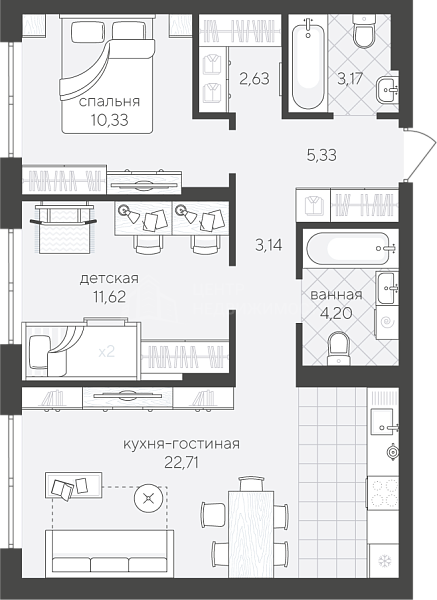 2-к квартира в новостройке, 63 кв.м., улица Алексея Сергиенко, 13
