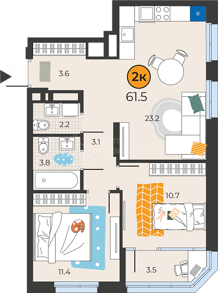 2-к квартира в новостройке, 61 кв.м., Тюмень