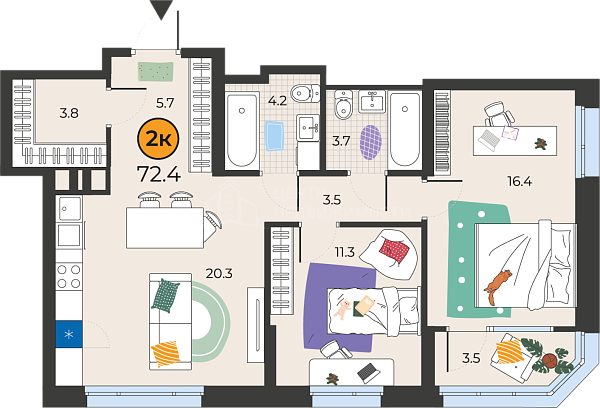 2-к квартира в новостройке, 72 кв.м., Тюмень