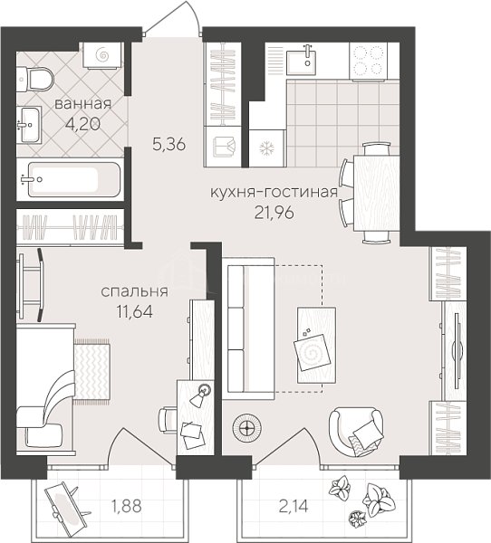 1-к квартира в новостройке, 47 кв.м., Сергея Свиридова, 15