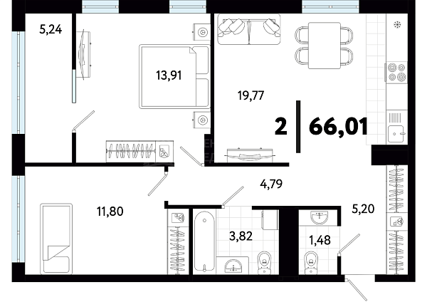 2-к квартира в новостройке, 66 кв.м., ул С. Джанбровского, 21