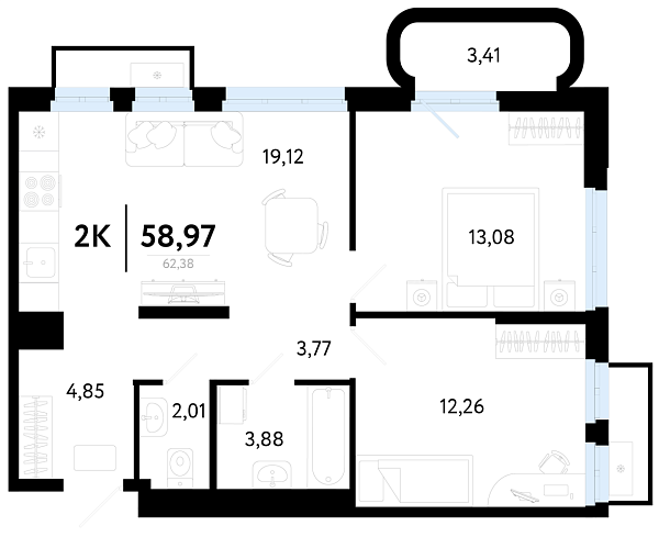 2-к квартира в новостройке, 58 кв.м., Калининский, ул Василия Малкова, 32