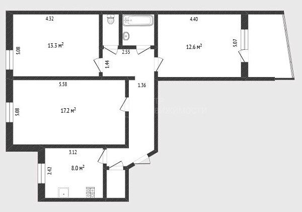 3-к квартира, 65 кв.м., улица Осипенко, 84