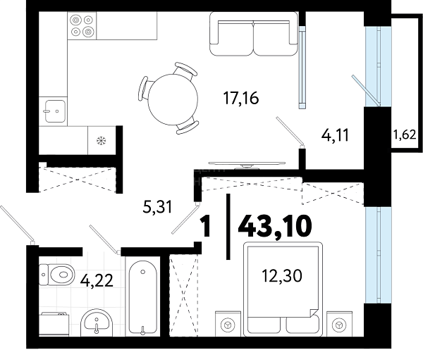 1-к квартира в новостройке, 43 кв.м., ул Бирюзова, 8