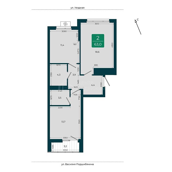 2-к квартира в новостройке, 63 кв.м.