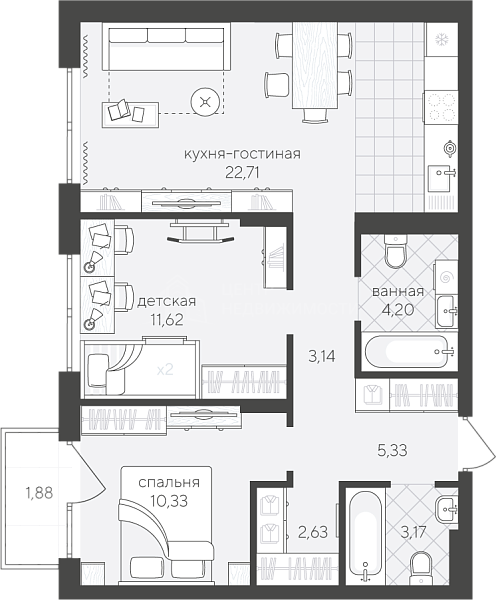 2-к квартира в новостройке, 65 кв.м., Алексея Сергиенко,  17 / Западносибирская, стр. 659