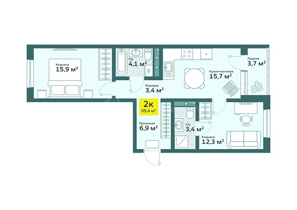 2-к квартира в новостройке, 65 кв.м., tyumen