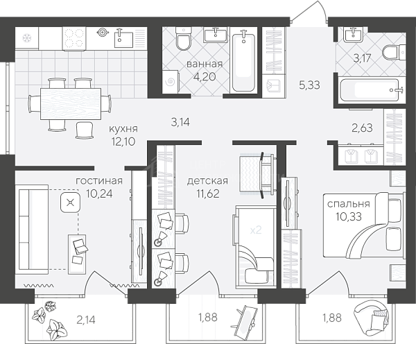 3-к квартира в новостройке, 68 кв.м., Сергея Свиридова, 15