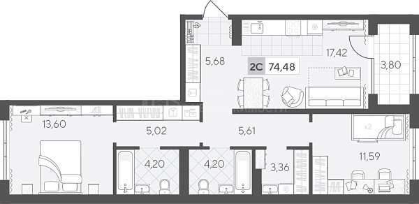 2-к квартира в новостройке, 74 кв.м., Сергея Свиридова, 11