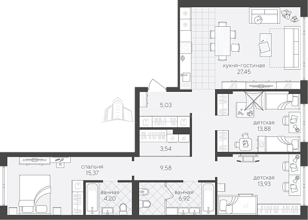 3-к квартира в новостройке, 99 кв.м., Сергея Свиридова, 15