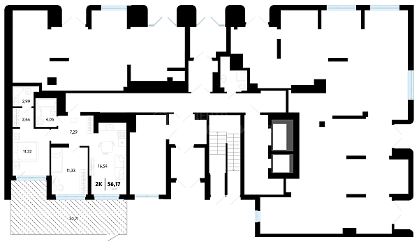 2-к квартира в новостройке, 56 кв.м.