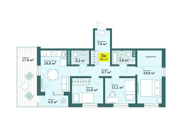 3-к квартира в новостройке, 88 кв.м., tyumen