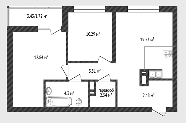 2-к квартира, 54 кв.м., улица Петра Ершова, 14