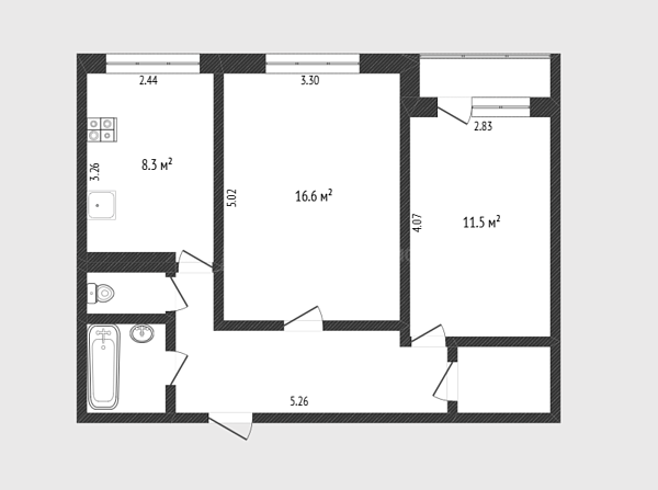 2-к квартира, 50 кв.м.