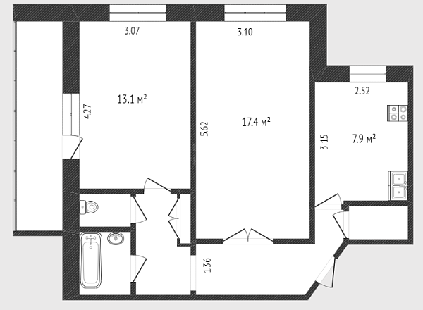 2-к квартира, 53 кв.м., улица Пермякова, 54