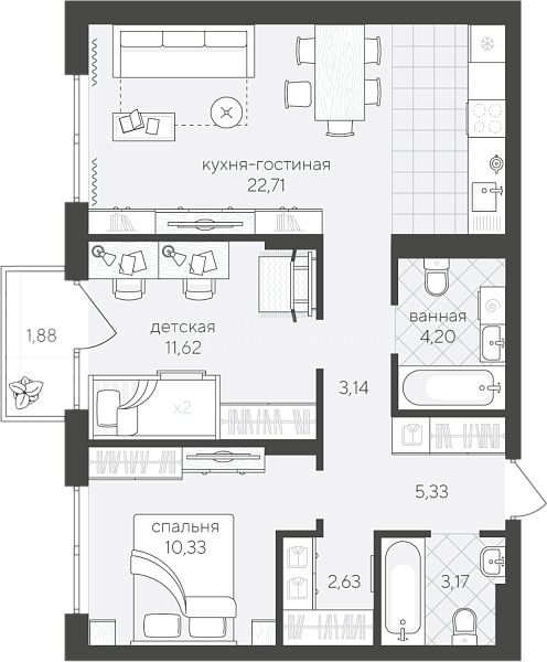 2-к квартира в новостройке, 65 кв.м., улица Алексея Сергиенко, 13