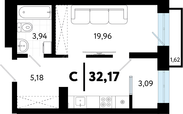 Студия в новостройке, 32 кв.м., ул Бирюзова, 8