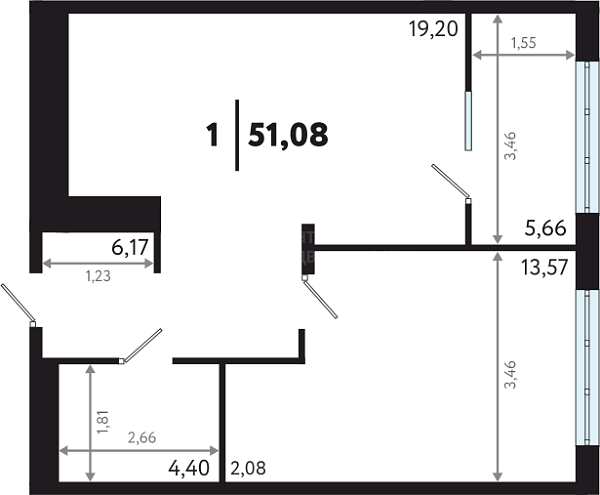 1-к квартира в новостройке, 51 кв.м.
