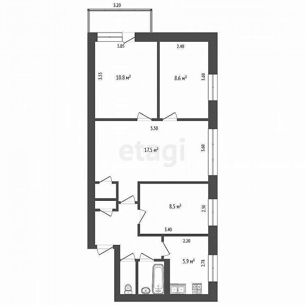 4-к квартира, 60 кв.м., Озёрная улица, 5