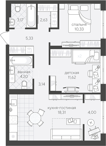 2-к квартира в новостройке, 62 кв.м., улица Алексея Сергиенко, 13