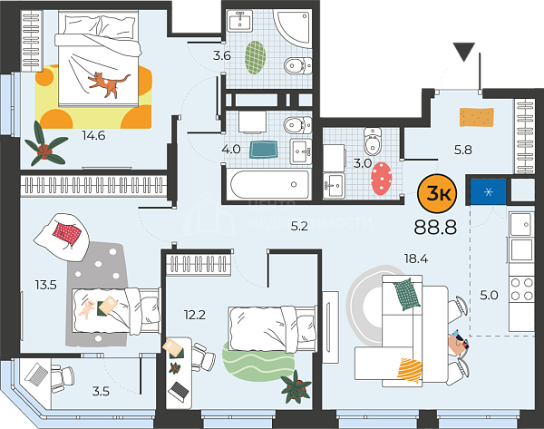 3-к квартира в новостройке, 88 кв.м., Тюмень