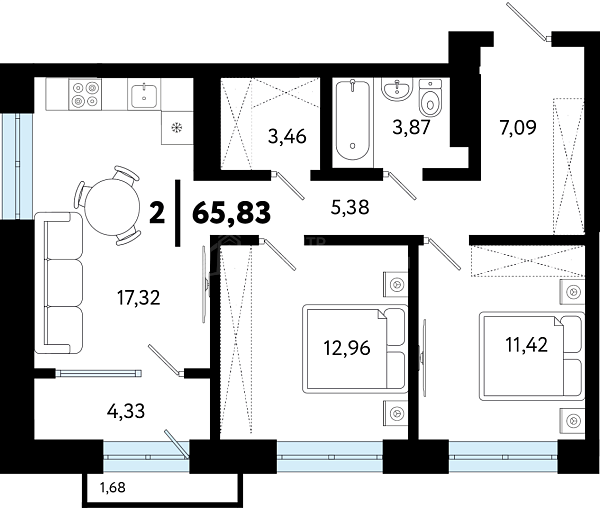 2-к квартира в новостройке, 65 кв.м., ул Бирюзова, 8